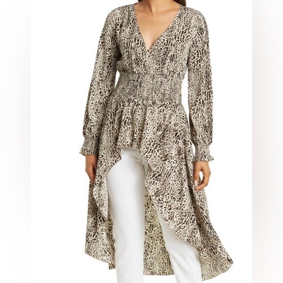 Patrizia Luca Deep V High-low Animal Print Tunic Cream Black Size Small - Picture 2 of 15